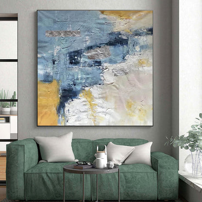 Handmade Art in Blue, Grey, Yellow, and White Abstract Textural Layers PT250