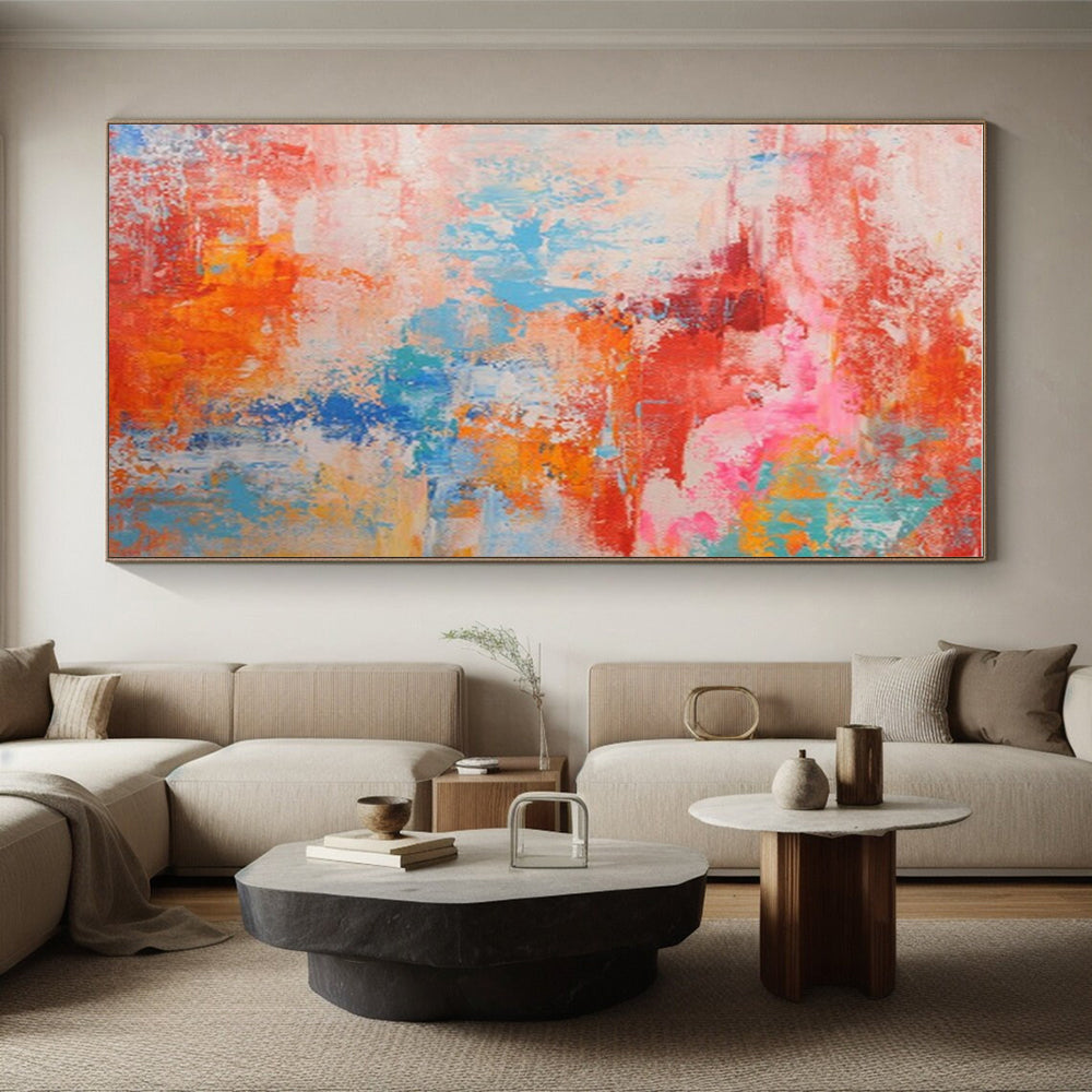Big Painting in Red, Orange, Blue, and Pink Abstract Design, Modern Art Acrylic PT284