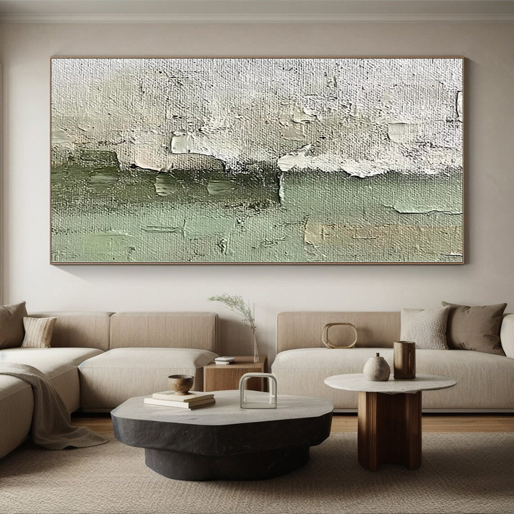Acrylic Modern Art Paintings in White, Green, and Gray with Textured Details, Paintings For House PT010