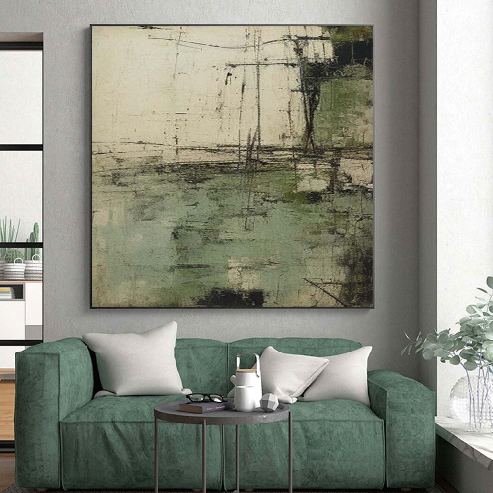 Oversized Abstract Wall Art Green Beige Textured Urban Abstract Art PT336