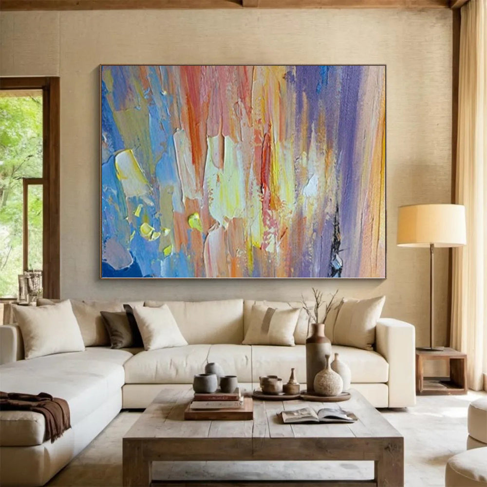 Large Painting In Living Room with Vibrant Sunset Hues (Orange, Yellow, Blue) PT017
