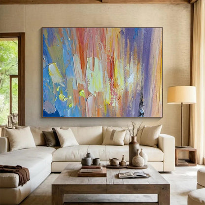 Large Painting In Living Room with Vibrant Sunset Hues (Orange, Yellow, Blue) PT017