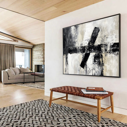 Cool Abstract Paintings Black, White & Beige Textured Geometric Abstract Painting HPS260