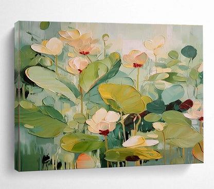 Gaint Canvas Art Green and Pink Lotus Floral Textured Oil Painting HPS332