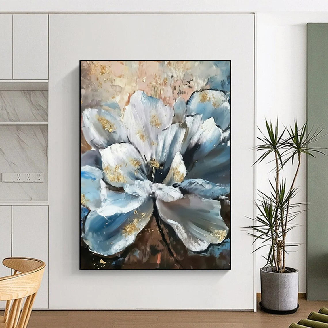 Hand Painted Art Blue and White Floral with Gold Accents Abstract Flower Painting DPS428