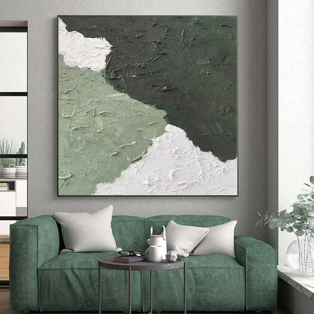 Hand Painted Art Green & White Textured Abstract Painting On Canvas PT063
