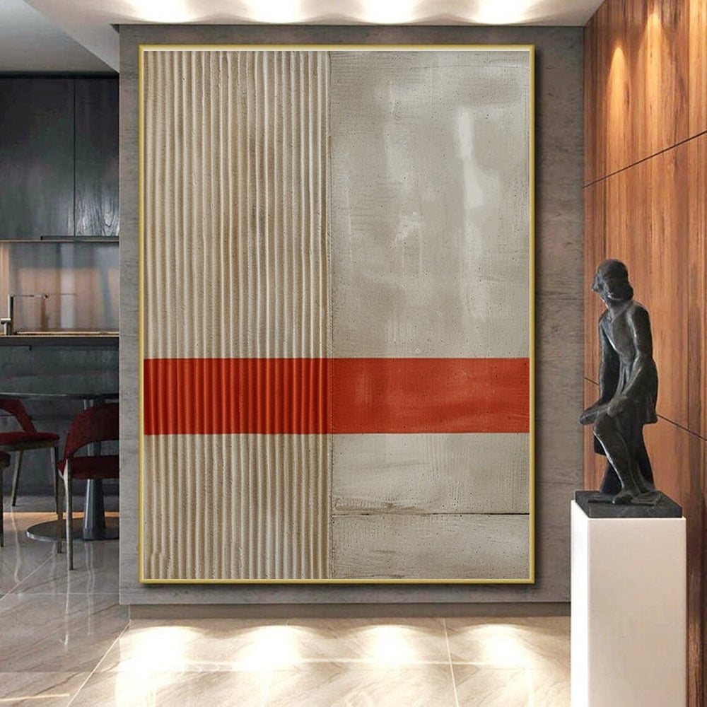 Minimalist Canvas Art with Beige, Gray, and Red Geometric Lines, Handmade Art PT203
