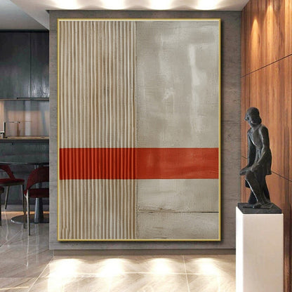 Minimalist Canvas Art with Beige, Gray, and Red Geometric Lines, Handmade Art PT203