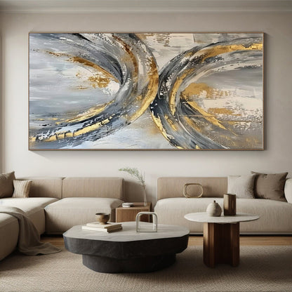 Oversized Abstract Wall Art Gold, Gray, and White Circular Abstract Art PT737