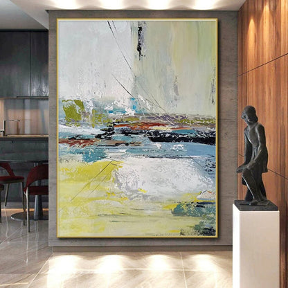 Acrylic Modern Art Paintings with Yellow, Blue, White, and Gray Abstract Landscape PT220