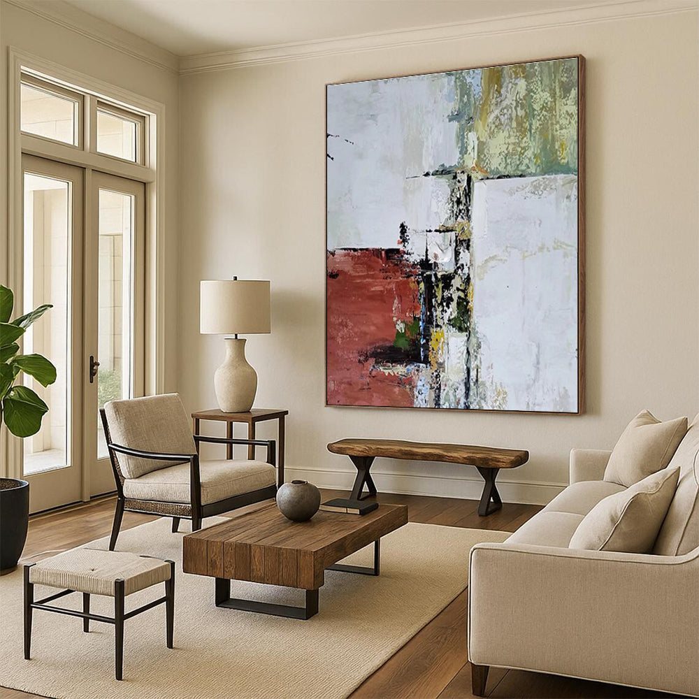 Hand Painted Art with Red, White, Green, and Beige Textured Abstract Forms, Large Painting In Living Room PT213