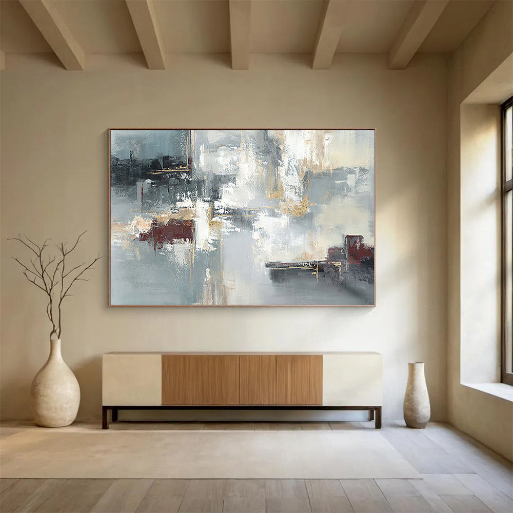 Modern Art Acrylic Gray, Red & Gold Urban Abstract Painting On Canvas HPS090