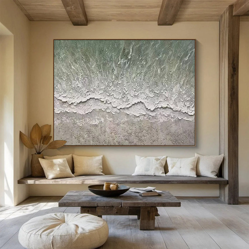 Large Contemporary Wall Art Green and White Textured Abstract Seaside Art HPS386