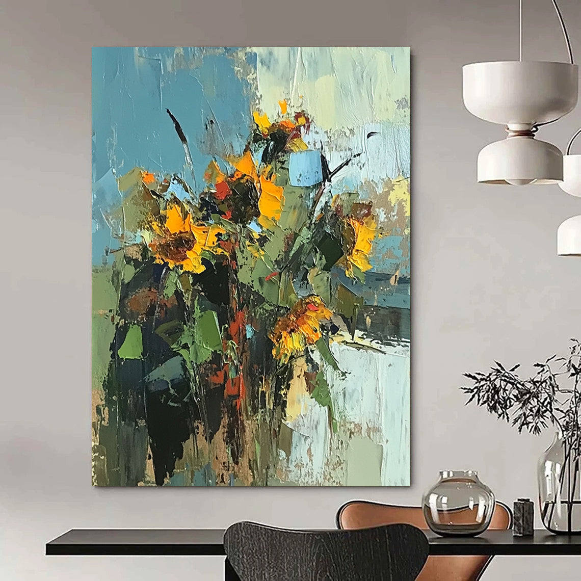 Handmade Art Yellow and Green Sunflower Abstract Floral Painting DPS440
