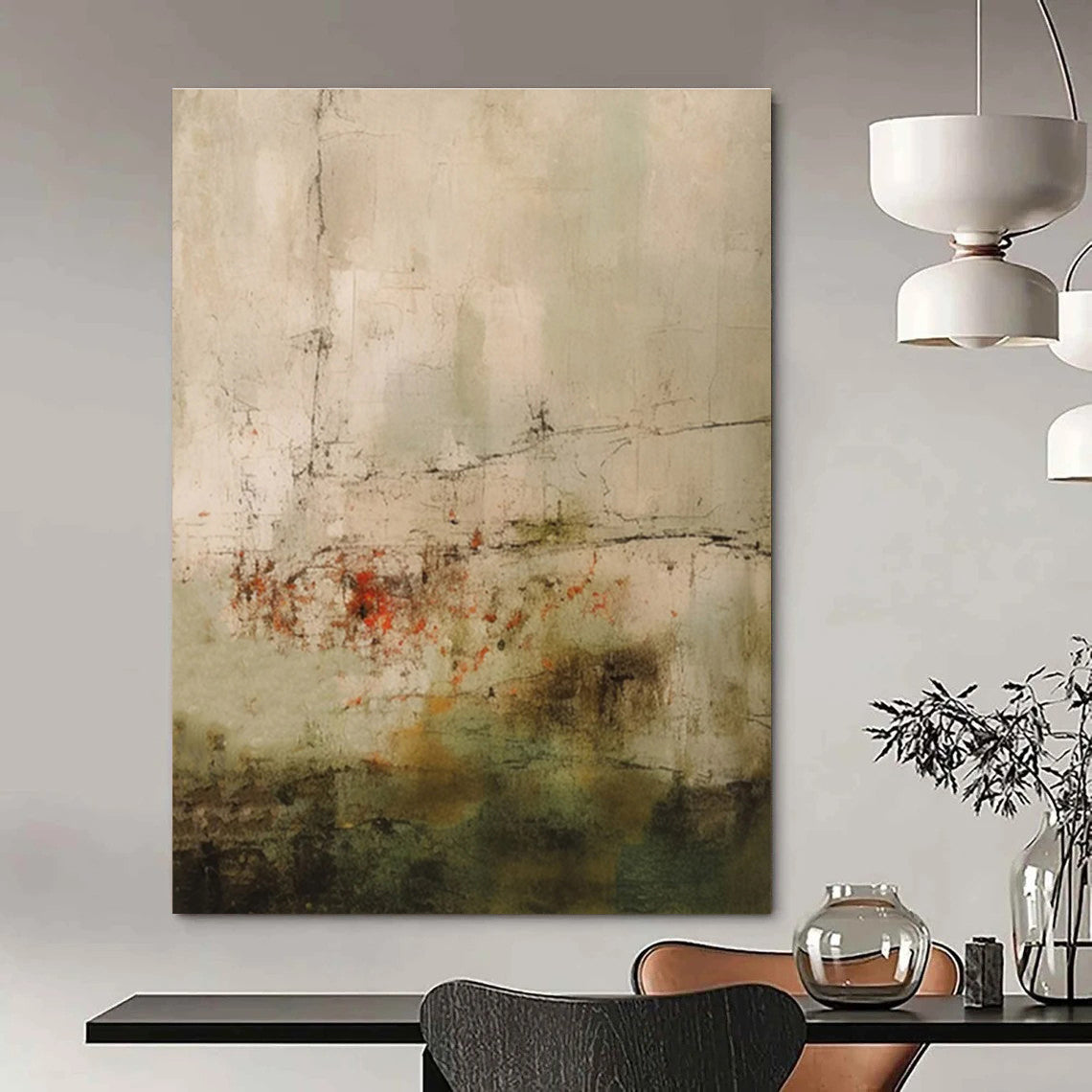 Buy Abstract Art Online Gray, Green, and Red Textured Abstract Landscape Art DPS474