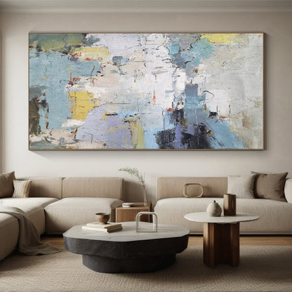 Modern Art Acrylic in Blue, Grey, Yellow, and White Abstract Textural Urban Shapes PT256