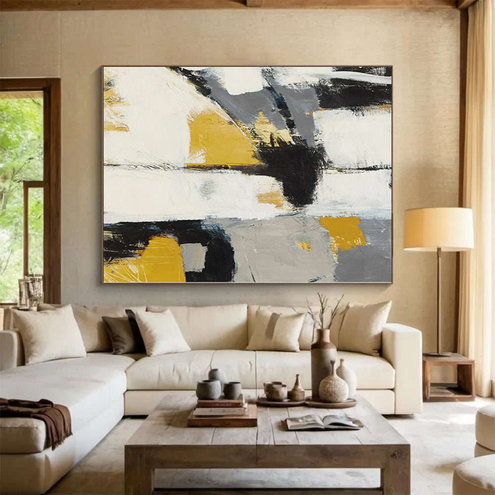 Modern Art Acrylic Gray, Yellow & Black Textured Abstract Painting On Canvas PT089