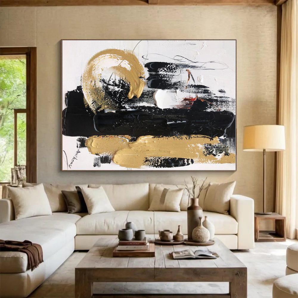 Large Size Black Gold White Abstract Expressionist Acrylic Painting PT474