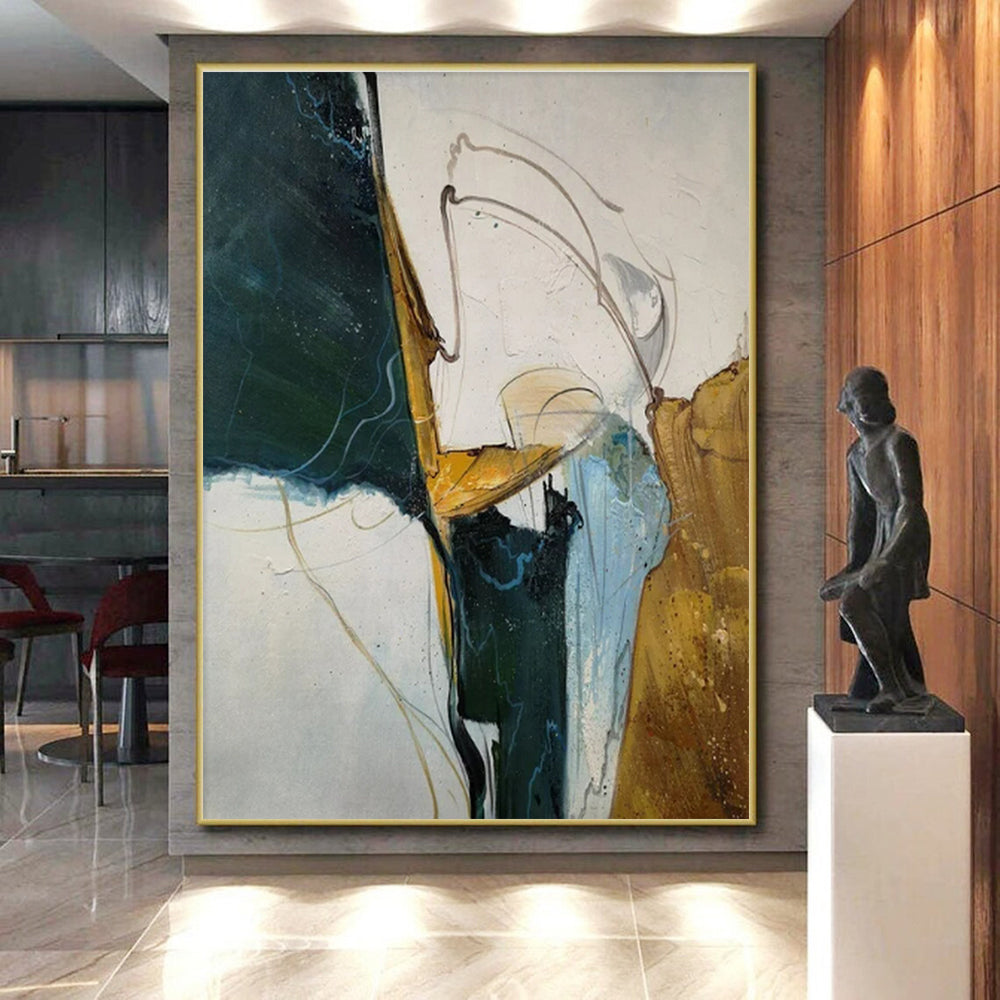 Handmade Art Green, Gold, and White Dynamic Abstract Art PT810