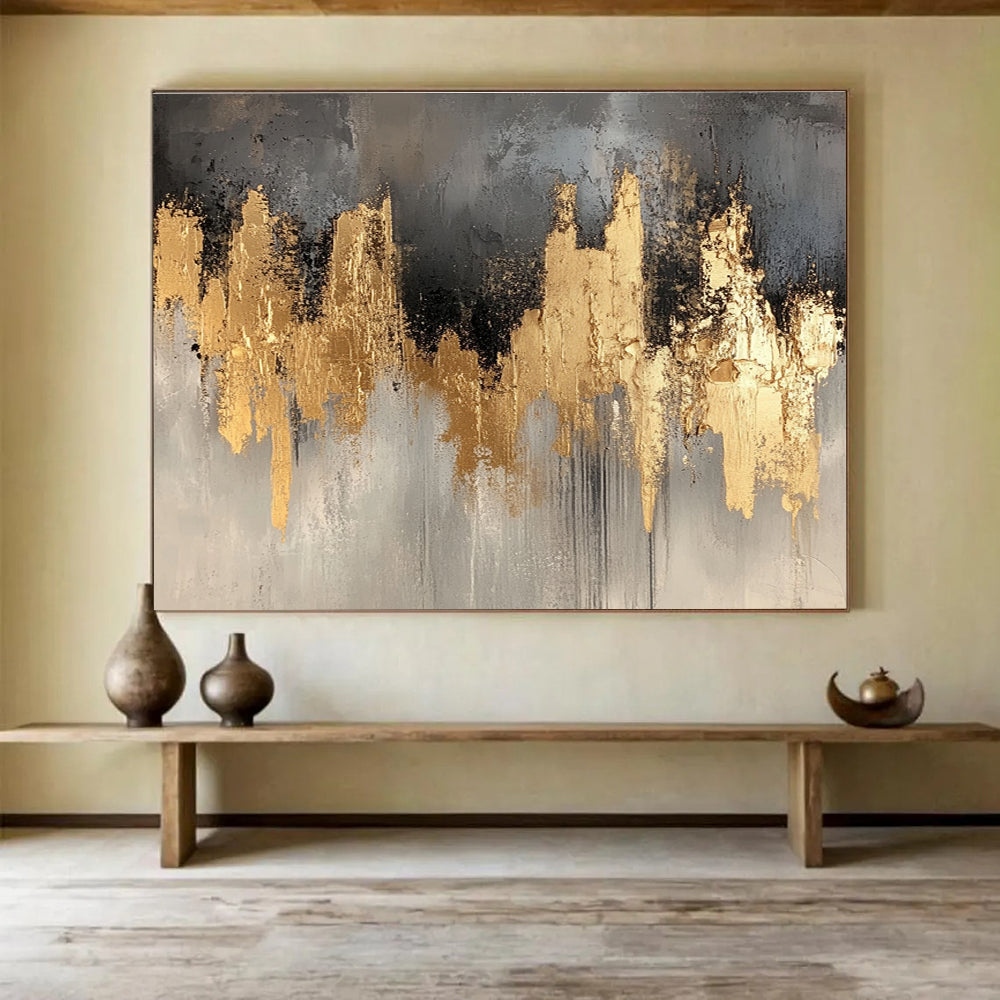 Large Contemporary Wall Art Gold, Gray & Black Textured Abstract Painting HPS296