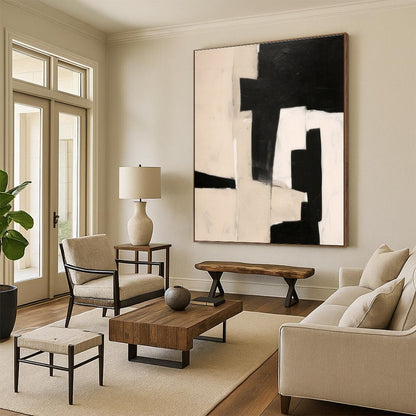 Handmade Art Black and Beige Geometric Abstract Art PT667