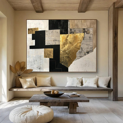 Large Contemporary Wall Art Black, White, and Gold Textured Abstract Geometric Art HPS396
