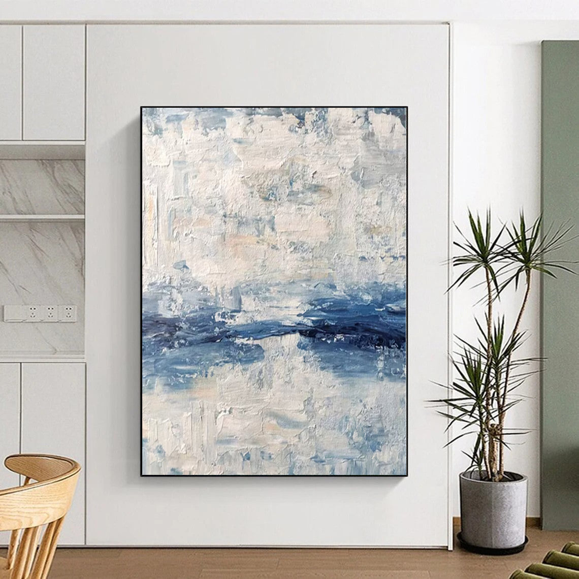 Hand Painted Art Blue & White Textured Abstract Painting On Canvas PT093