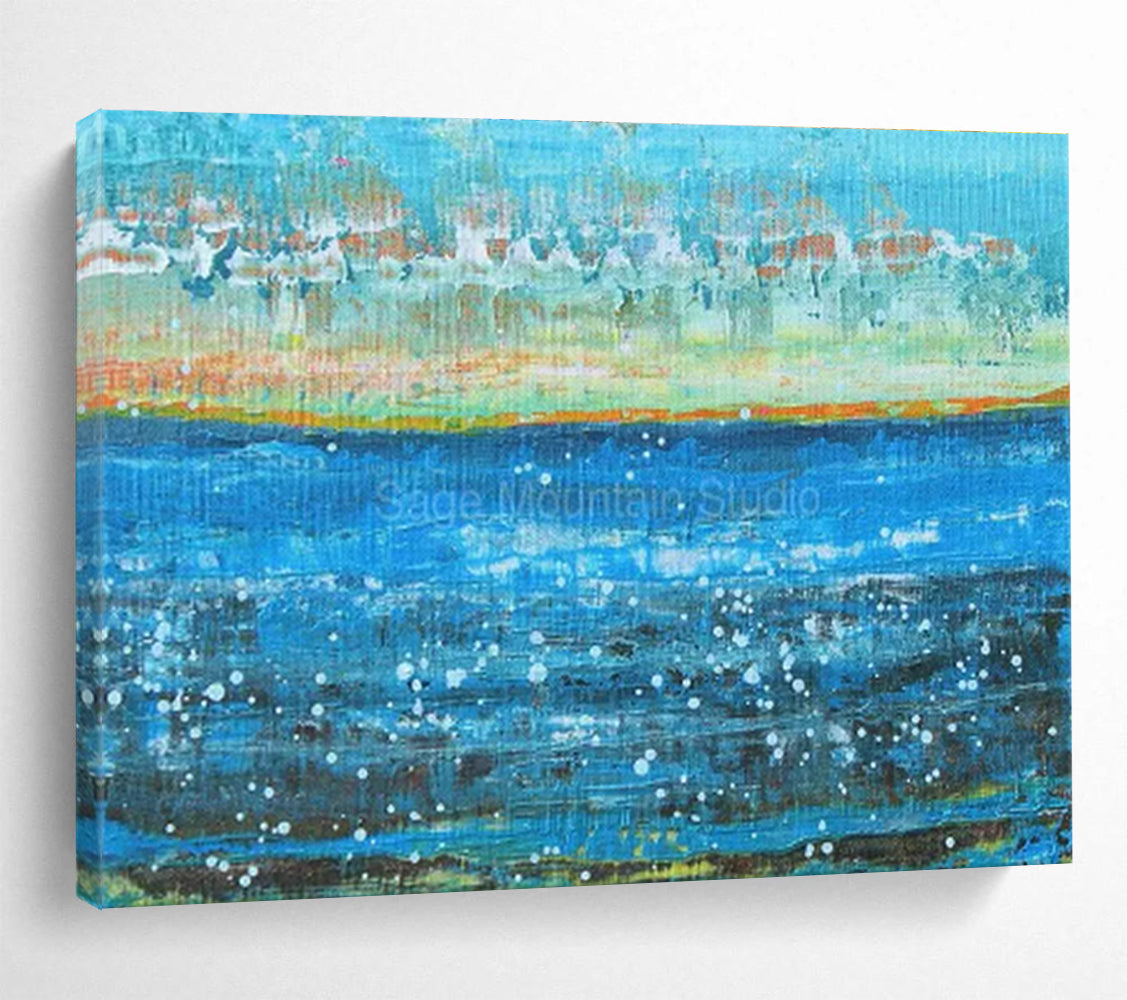 Hand-Painted Blue, Orange, and White Abstract Seaside Art HPS411