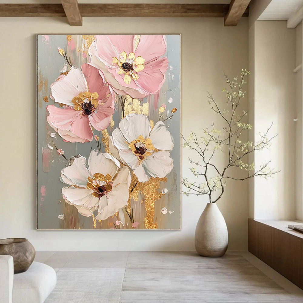 Hand Painted Art Pink, White, and Gold Floral Abstract Flower Painting DPS437