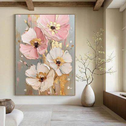 Hand Painted Art Pink, White, and Gold Floral Abstract Flower Painting DPS437