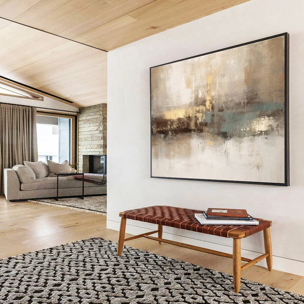 Hand-Painted Beige, Gold & Teal Abstract Textured Art HPS201