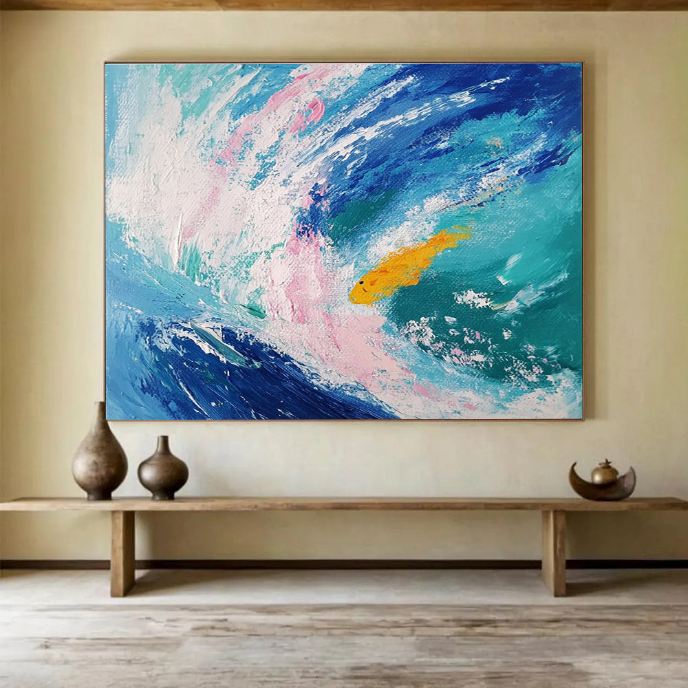 Paintings For House Blue, Pink, White & Yellow Abstract Coastal Painting With Fish HPS289
