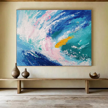 Paintings For House Blue, Pink, White & Yellow Abstract Coastal Painting With Fish HPS289