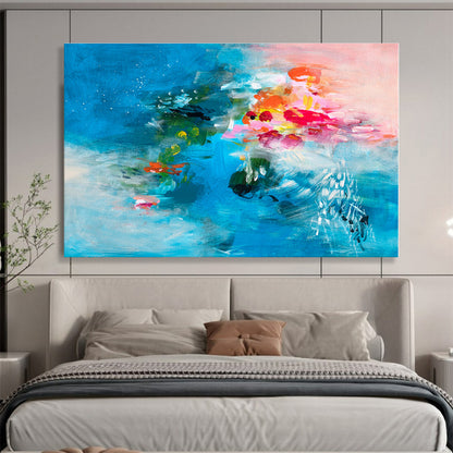 Hand Painted Art Vibrant Blue & Pink Floral Abstract On Canvas HPS021