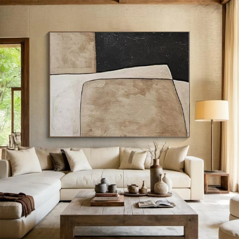 Hand Painting Black, Beige, and Brown Geometric Abstract Art PT685