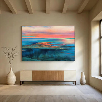 Hand Painted Art Pink, Blue & Teal Abstract Sea & Sky Art HPS182