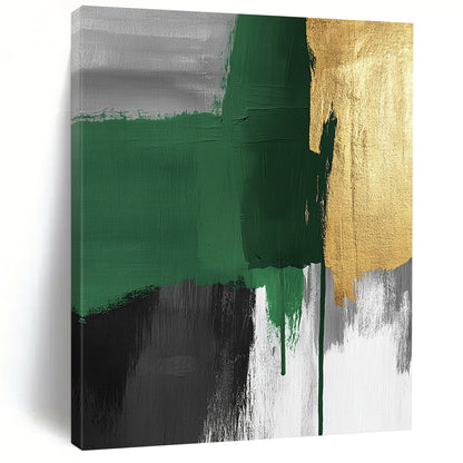 Original Large Abstract Paintings For Sale With Green, Gold, Gray, Black Textured Brushstrokes On Canvas PT197