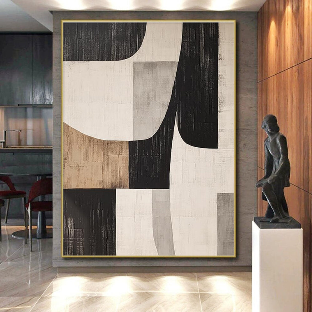 Unique Abstract Art Black, Beige, and Gray Geometric Abstract Art PT763