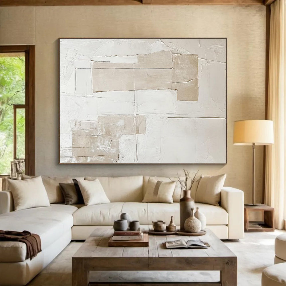 Hand-Painted Beige and White Textured Abstract Art PT745