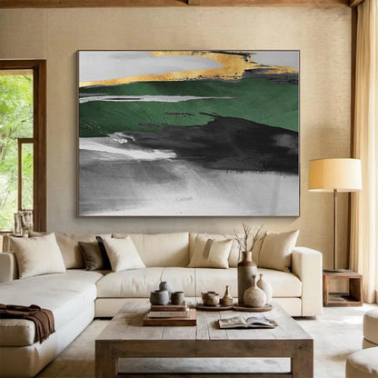 Hand-Painted Green, Black, Gold and Gray Abstract Dynamic Piece, Modern Art Acrylic PT536
