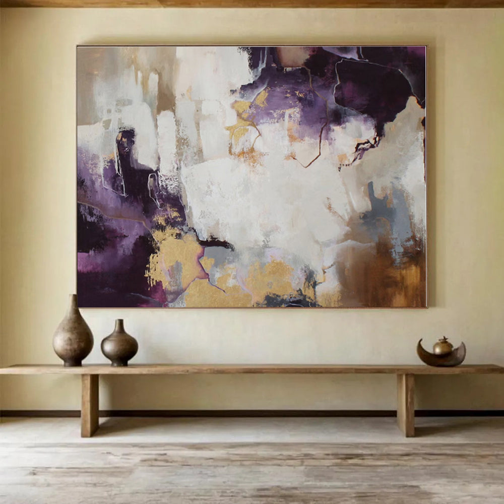 Modern Art Acrylic Purple, Gold & White Abstract On Canvas HPS045