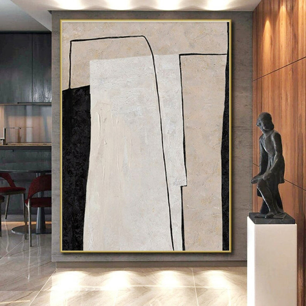 Hand Painting Beige, Black, and White Geometric Abstract Art PT698