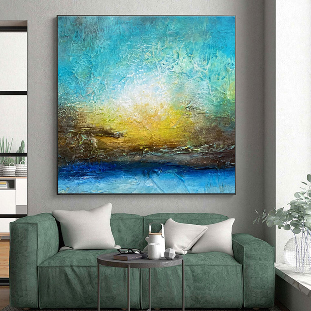 Cool Abstract Paintings with Turquoise, Yellow, and Blue, Hand-Painted Modern Art PT290