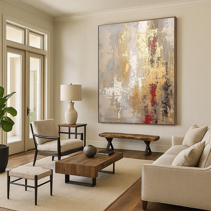 Hand Painting Gold, Gray, and Red Textured Abstract Art PT661