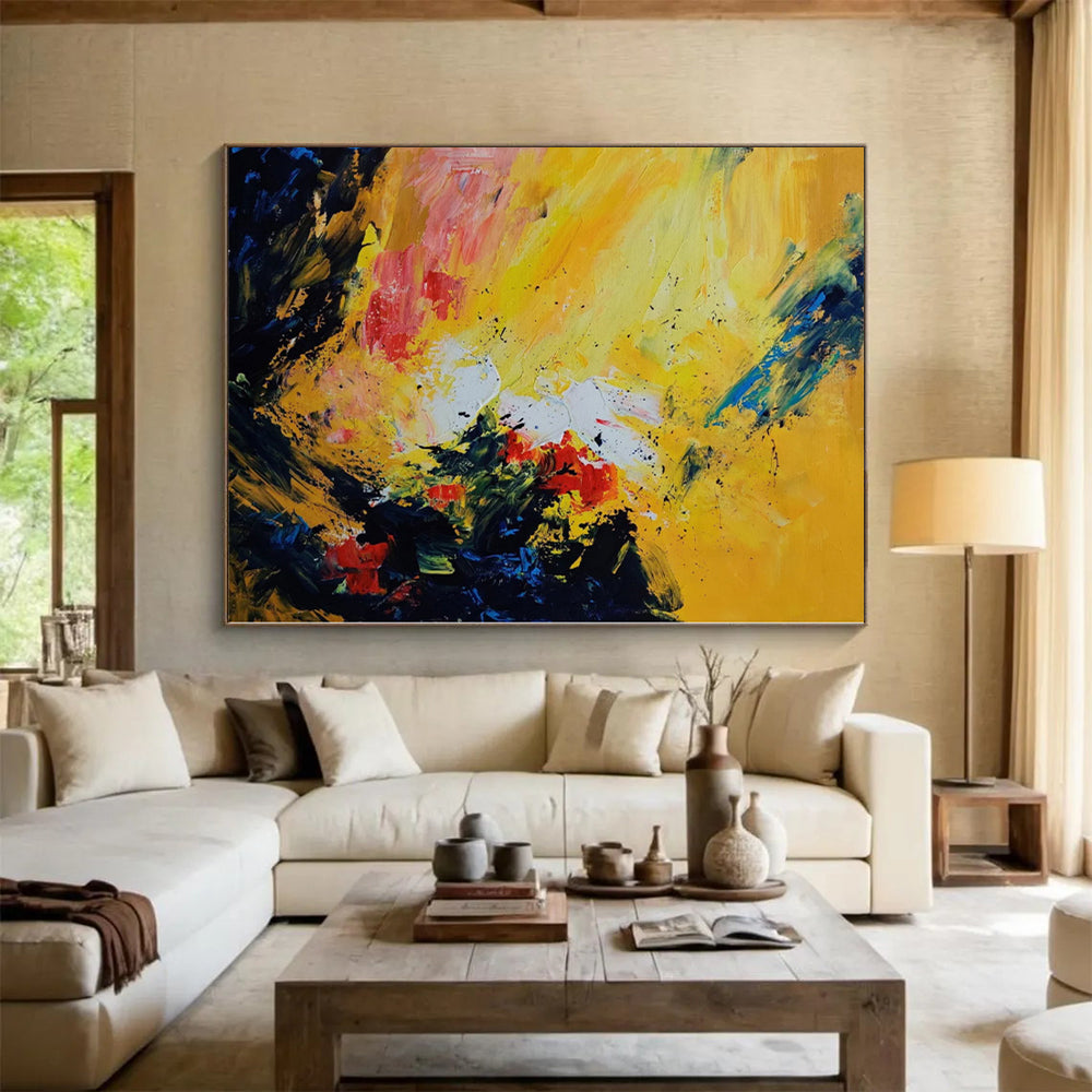 Oversized Abstract Wall Art Yellow, Red, Blue & Black Textured Abstract Painting On Canvas PT068