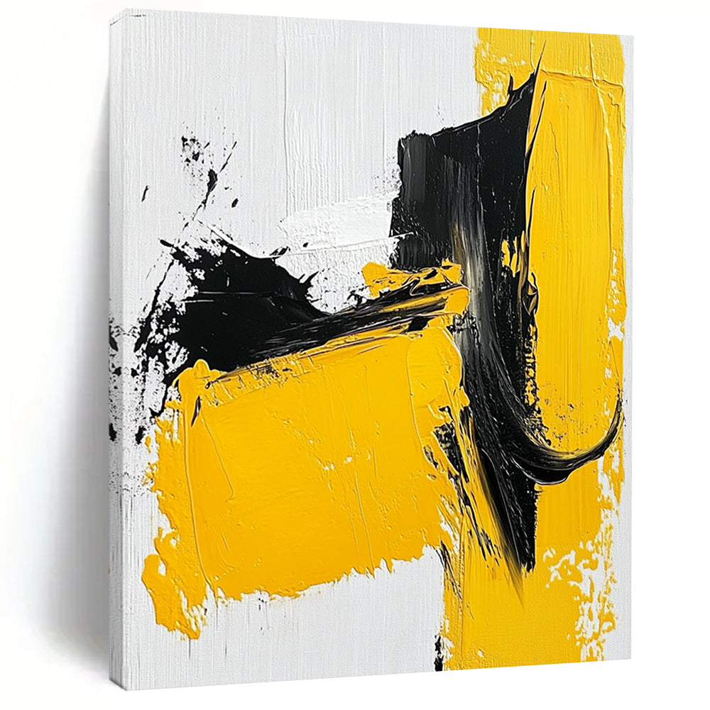 Large Abstract Painting For Living Room, Yellow Black White Abstract Expressionist Art PT140