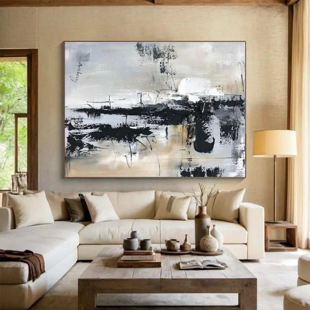 Large Contemporary Wall Art - Black, White & Beige Textured Abstract Art with Dynamic Lines PT587