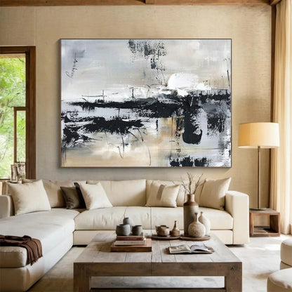 Large Contemporary Wall Art - Black, White & Beige Textured Abstract Art with Dynamic Lines PT587