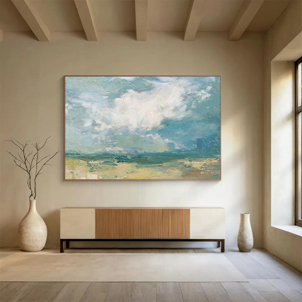Large Size Blue, Green, and Beige Abstract Landscape Art HPS384