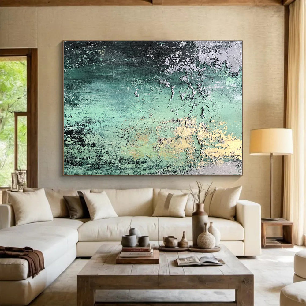 Modern Large Abstract Canvas Painting With Green, Gray, Yellow Textured Layers On Canvas PT187